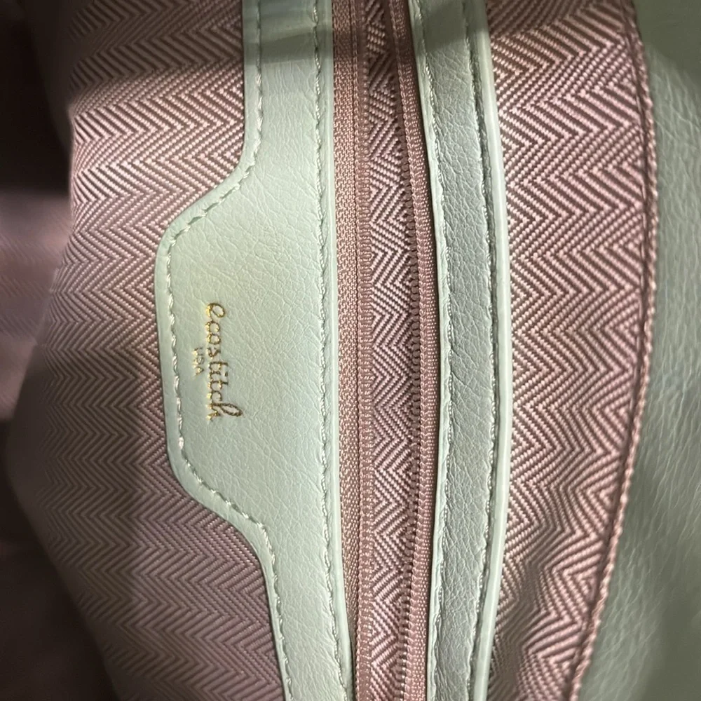 Ecostitch vegan leather Mint Grn puffy woven Tote top handles cross body strap